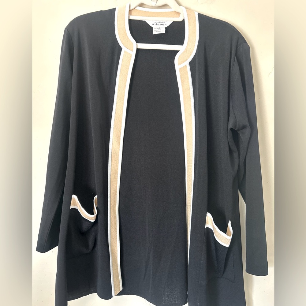 Exclusively Misook Women’s Black Tan White Trim Long Sleeve Open Cardigan Large